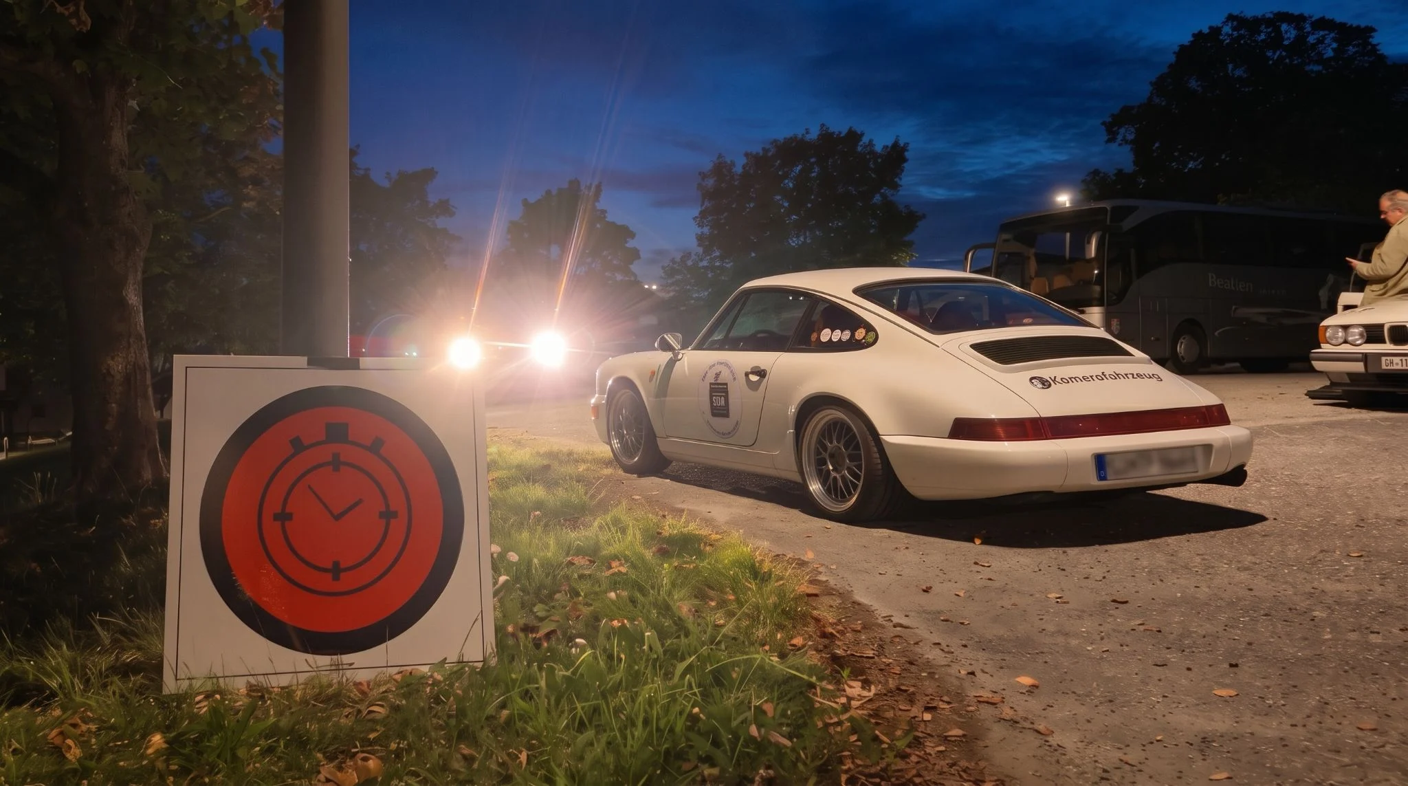 Weißer Porsche 911 in der Abenddämmerung neben einem Zeitkontroll-Schild mit Uhr-Symbol bei der Club Rallye Taunus 2026